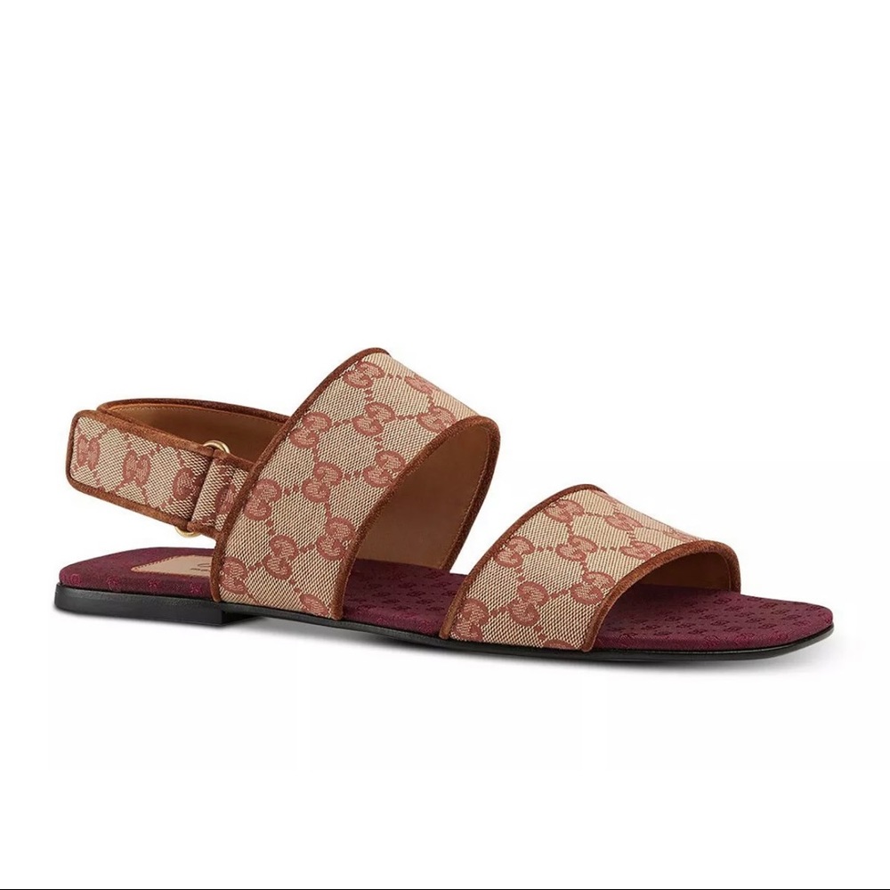 Gucci Beige GG Canvas and Burgundy Flat Sandals